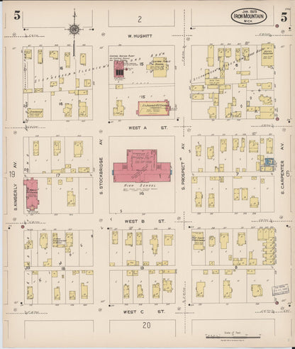 Sanborn Fire Insurance Map from Iron Mountain, Dickinson County, Michigan (1923), Sheet #0005 - Historic Sanborn Fire Insurance Map Print, vintage old map wall art, antique decor, genealogy gift, Michigan Michigan map
