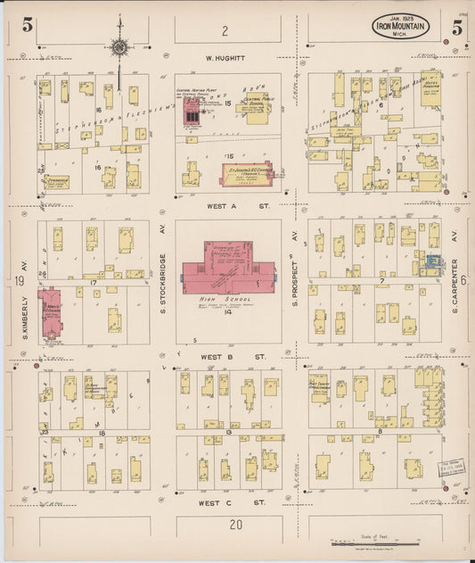 Sanborn Fire Insurance Map from Iron Mountain, Dickinson County, Michigan (1923), Sheet #0005 - Historic Sanborn Fire Insurance Map Print, vintage old map wall art, antique decor, genealogy gift, Michigan Michigan map