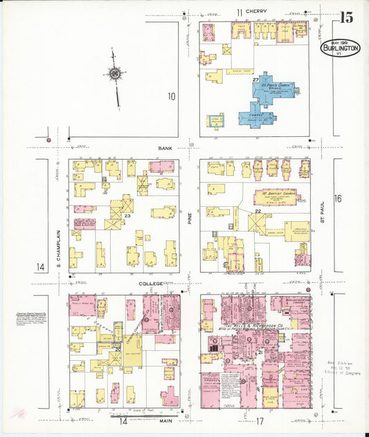 Sanborn Fire Insurance Map from Burlington, Chittenden County, Vermont (1919), Sheet #0015 - Historic Sanborn Fire Insurance Map Print, vintage old map wall art, antique decor, genealogy gift, Vermont Vermont map