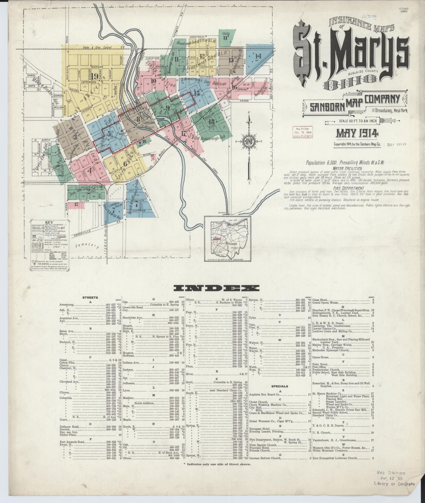Sanborn Fire Insurance Map from Saint Marys, Auglaize County, Ohio (1914), Sheet #0001 - Historic Sanborn Fire Insurance Map Print, vintage old map wall art, antique decor, genealogy gift, Ohio Ohio map
