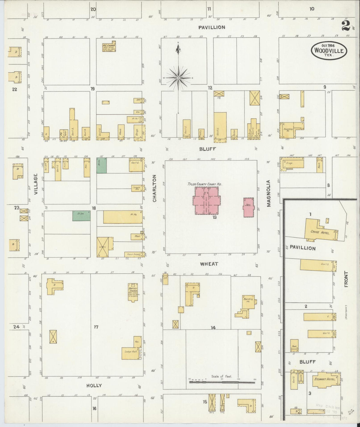 Sanborn Fire Insurance Map from Woodville, Tyler County, Texas (1904), Sheet #0002 - Complete Map Set gallery image, historic Sanborn map, vintage wall art, Texas Texas