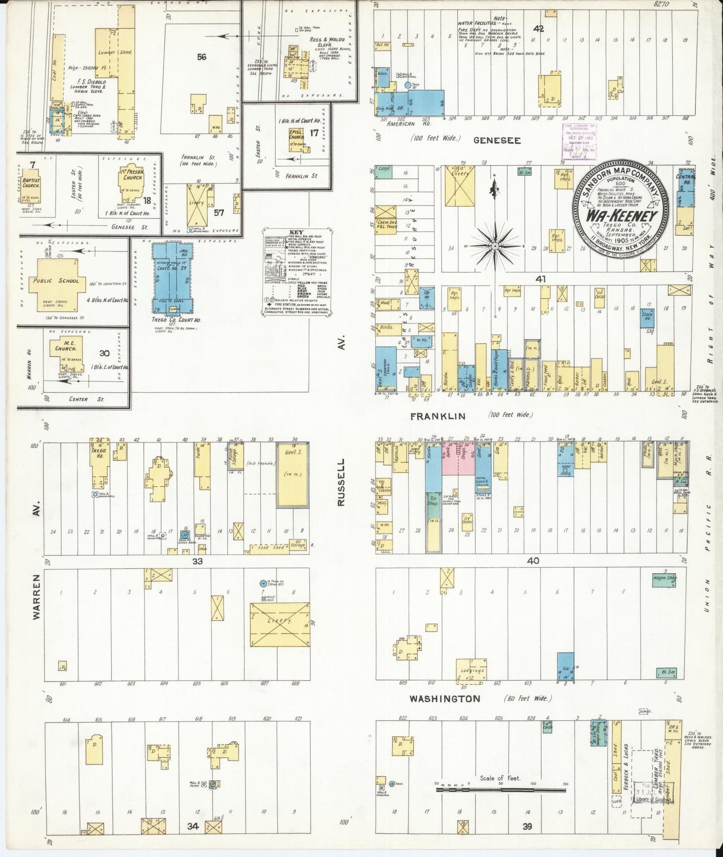 Sanborn Fire Insurance Map from Wa-keeney, Trego County, Kansas (1905), Sheet #0001 - Historic Sanborn Fire Insurance Map Print, vintage old map wall art, antique decor, genealogy gift, Kansas Kansas map