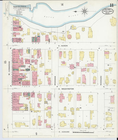 Sanborn Fire Insurance Map from Ypsilanti, Washtenaw County, Michigan (1909), Sheet #0011 - Complete Map Set gallery image, historic Sanborn map, vintage wall art, Michigan Michigan