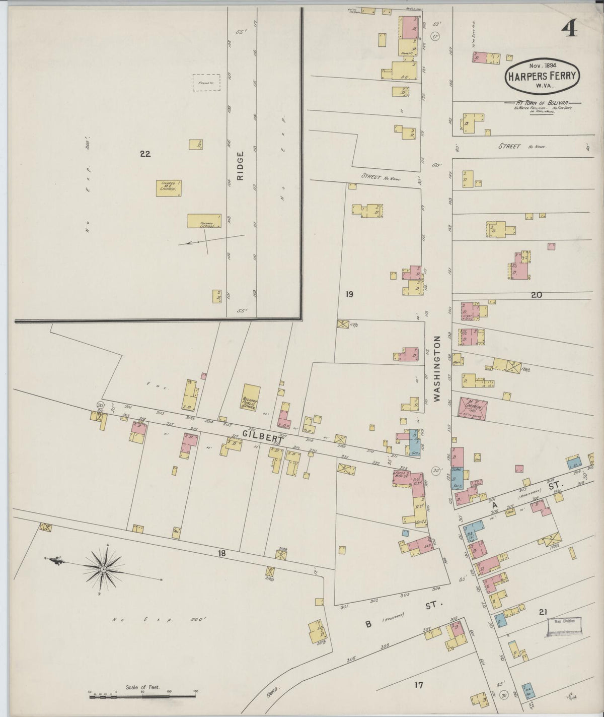 Sanborn Fire Insurance Map from Harpers Ferry, Jefferson County, West Virginia (1894), Sheet #0004 - Historic Sanborn Fire Insurance Map Print, vintage old map wall art, antique decor, genealogy gift, West Virginia West Virginia map