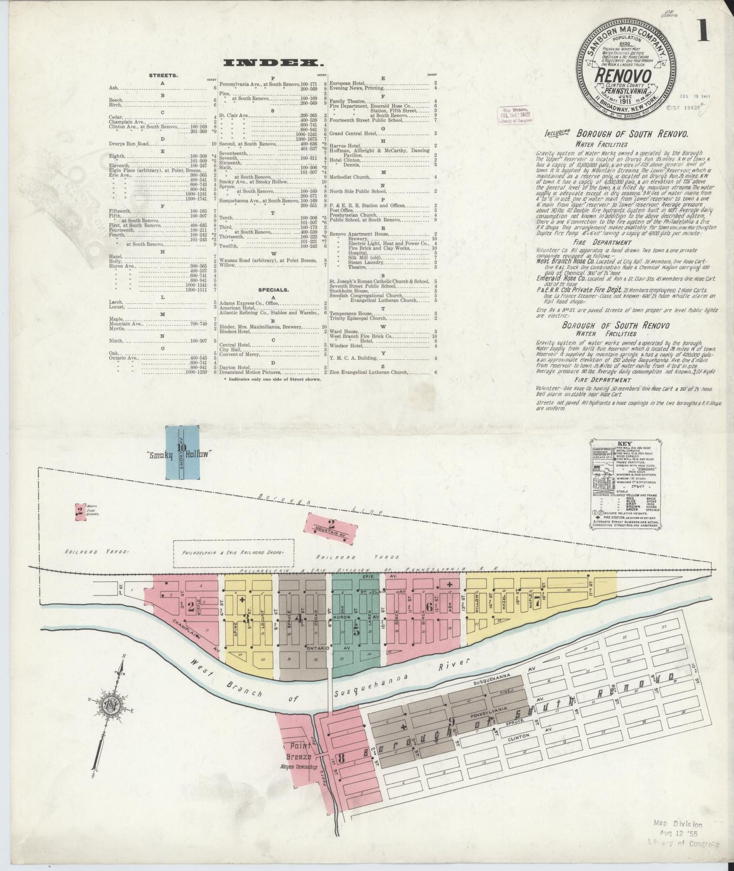 Sanborn Fire Insurance Map from Renovo, Clinton County, Pennsylvania (1911), Sheet #0001 - Complete Map Set gallery image, historic Sanborn map, vintage wall art, Pennsylvania Pennsylvania