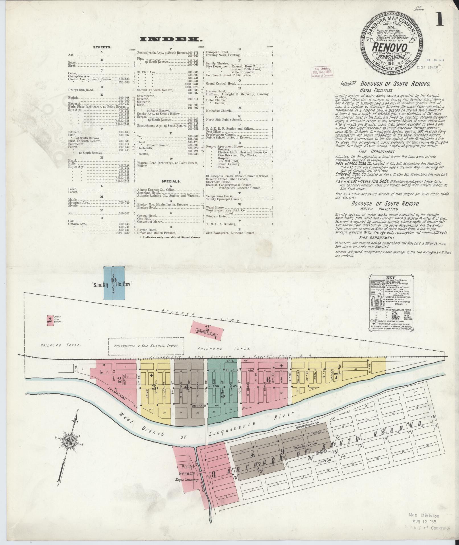 Sanborn Fire Insurance Map from Renovo, Clinton County, Pennsylvania (1911), Sheet #0001 - Complete Map Set gallery image, historic Sanborn map, vintage wall art, Pennsylvania Pennsylvania