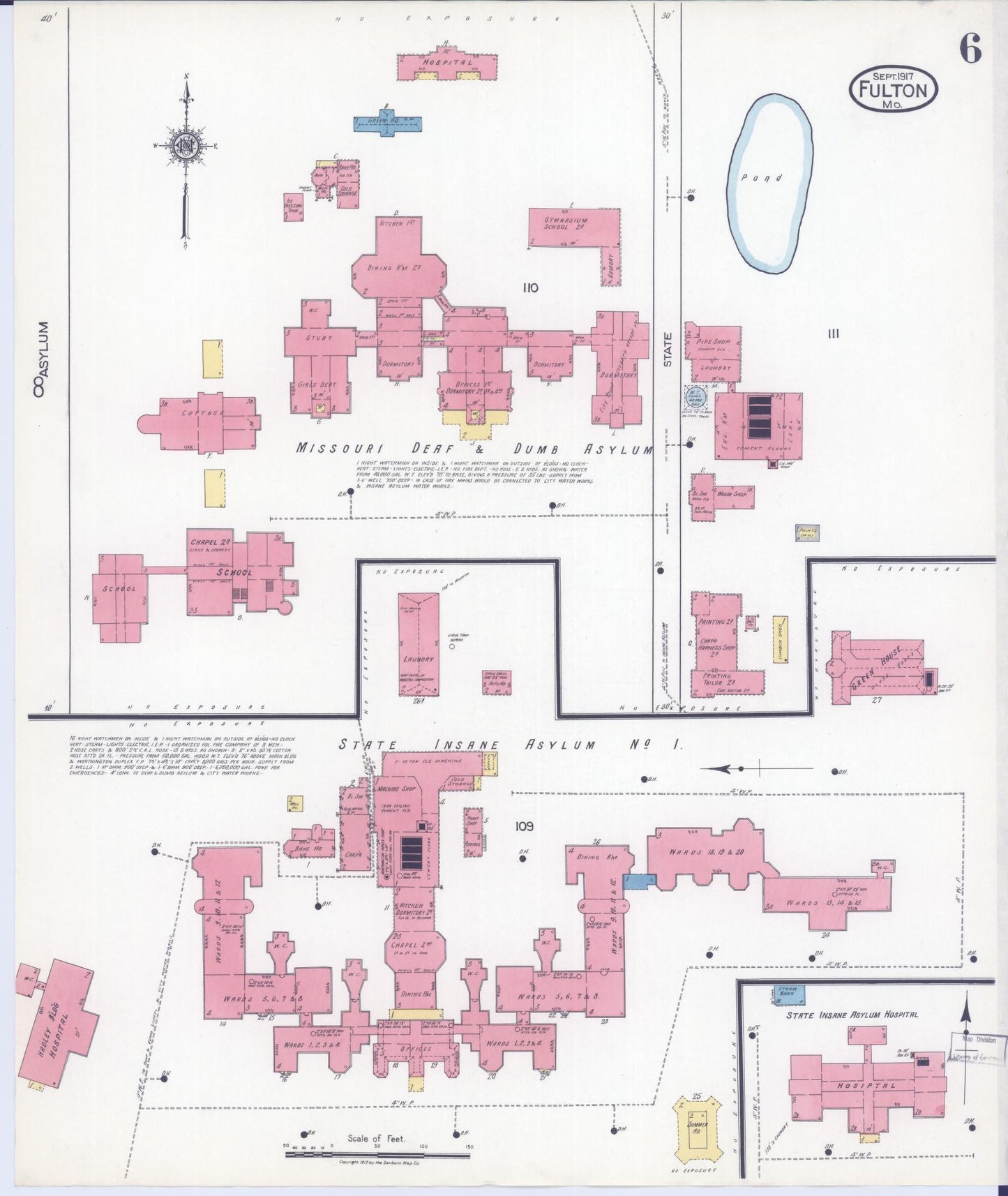 Sanborn Fire Insurance Map from Fulton, Callaway County, Missouri (1917), Sheet #0006 - Historic Sanborn Fire Insurance Map Print, vintage old map wall art, antique decor, genealogy gift, Missouri Missouri map