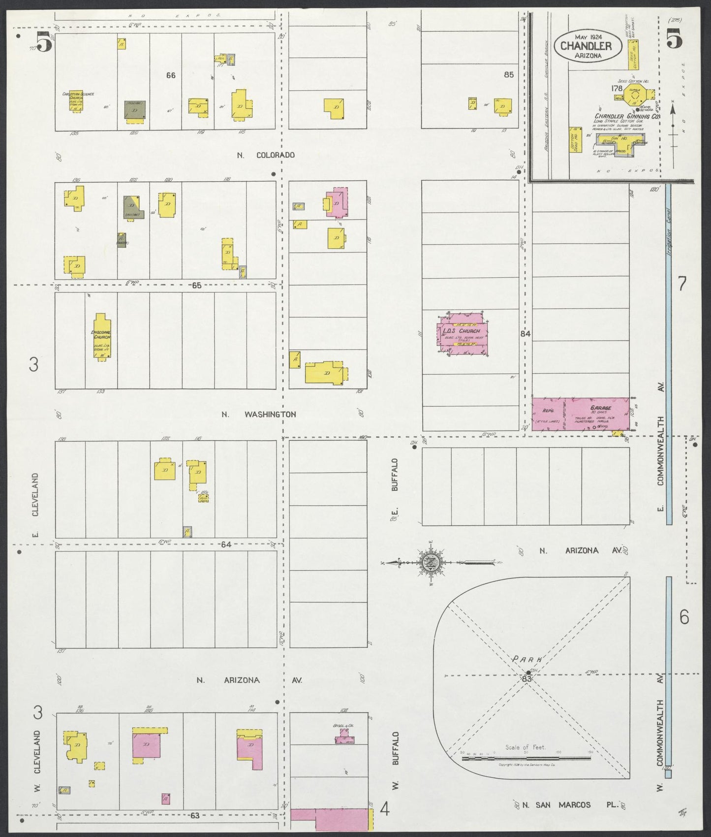 Sanborn Fire Insurance Map from Chandler, Maricopa County, Arizona (1924), Sheet #0005 - Historic Sanborn Fire Insurance Map Print, vintage old map wall art, antique decor, genealogy gift, Arizona Arizona map