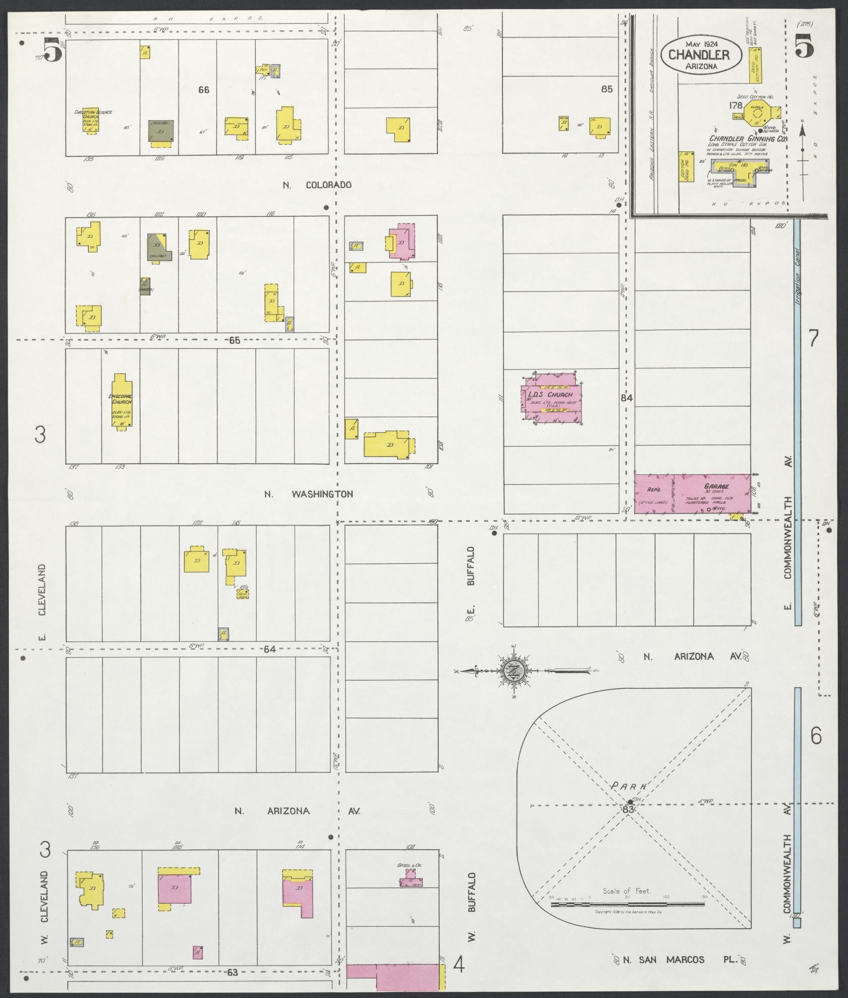 Sanborn Fire Insurance Map from Chandler, Maricopa County, Arizona (1924), Sheet #0005 - Historic Sanborn Fire Insurance Map Print, vintage old map wall art, antique decor, genealogy gift, Arizona Arizona map