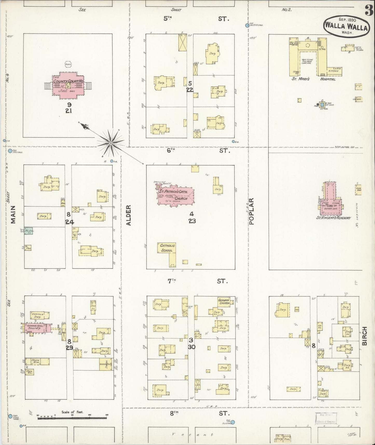Sanborn Fire Insurance Map from Walla Walla, Walla Walla County, Washington (1890), Sheet #0003 - Complete Map Set gallery image, historic Sanborn map, vintage wall art, Washington Washington
