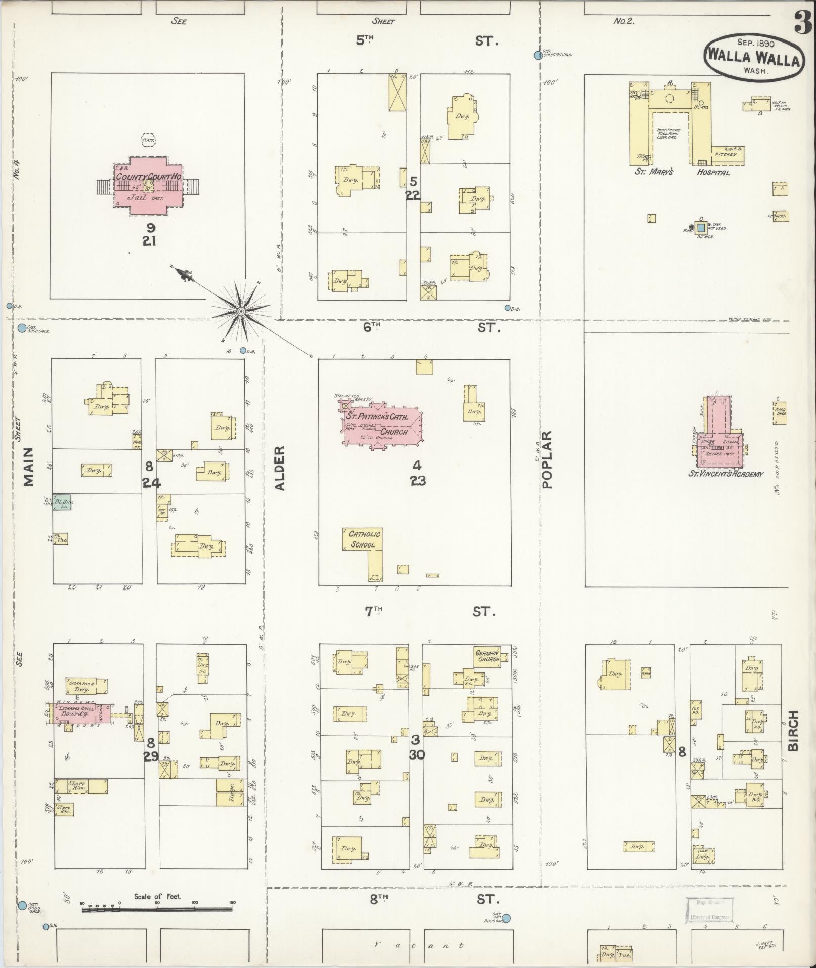 Sanborn Fire Insurance Map from Walla Walla, Walla Walla County, Washington (1890), Sheet #0003 - Complete Map Set gallery image, historic Sanborn map, vintage wall art, Washington Washington