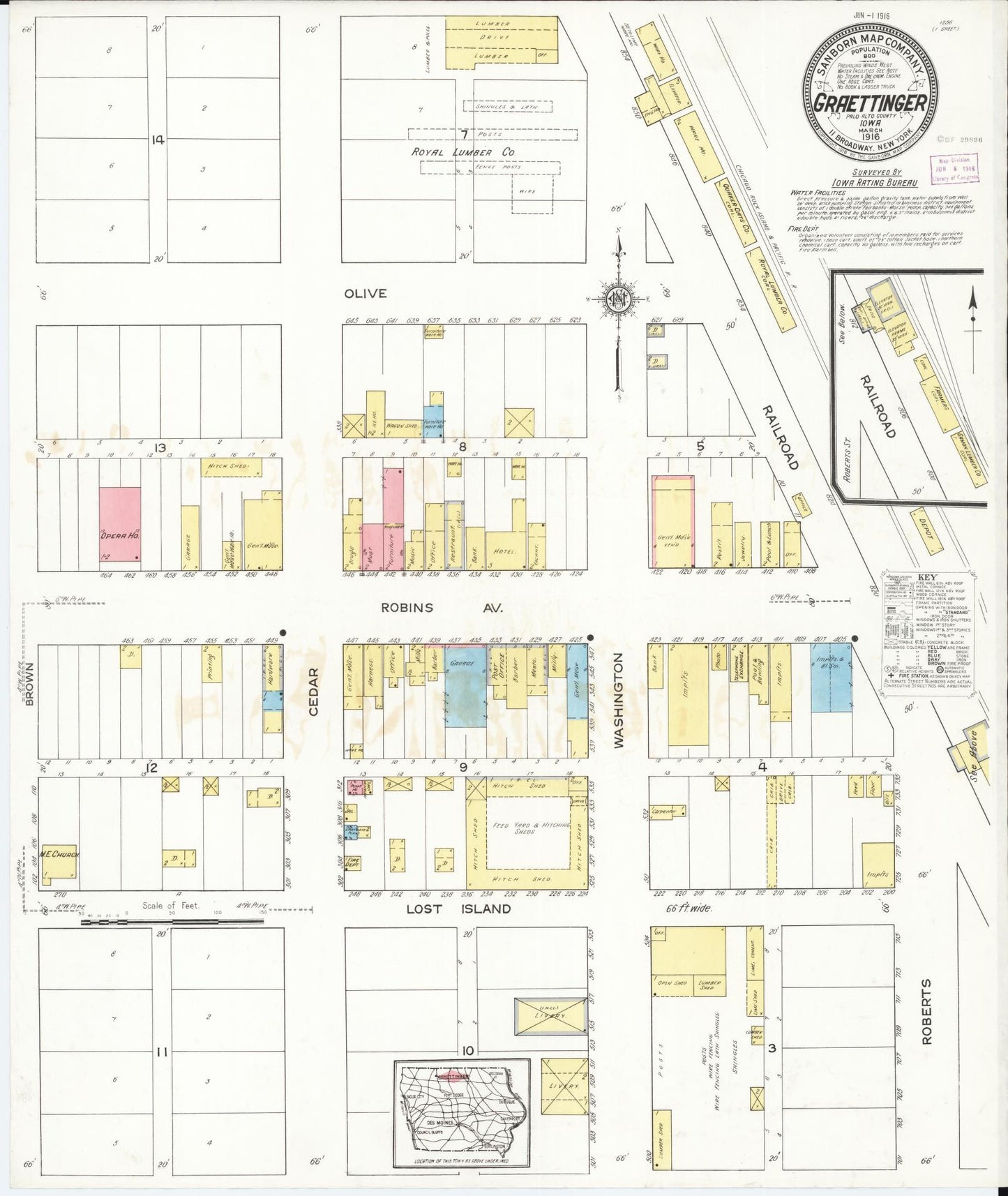 Sanborn Fire Insurance Map from Graettinger, Palo Alto County, Iowa (1916), Sheet #0001 - Historic Sanborn Fire Insurance Map Print, vintage old map wall art