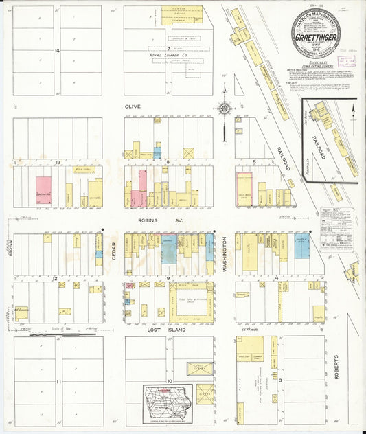 Sanborn Fire Insurance Map from Graettinger, Palo Alto County, Iowa (1916), Sheet #0001 - Historic Sanborn Fire Insurance Map Print, vintage old map wall art