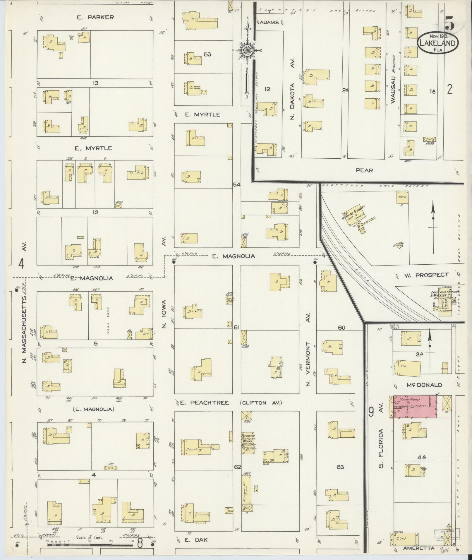 Sanborn Fire Insurance Map from Lakeland, Polk County, Florida (1913), Sheet #0005 - Complete Map Set gallery image, historic Sanborn map, vintage wall art, Florida Florida