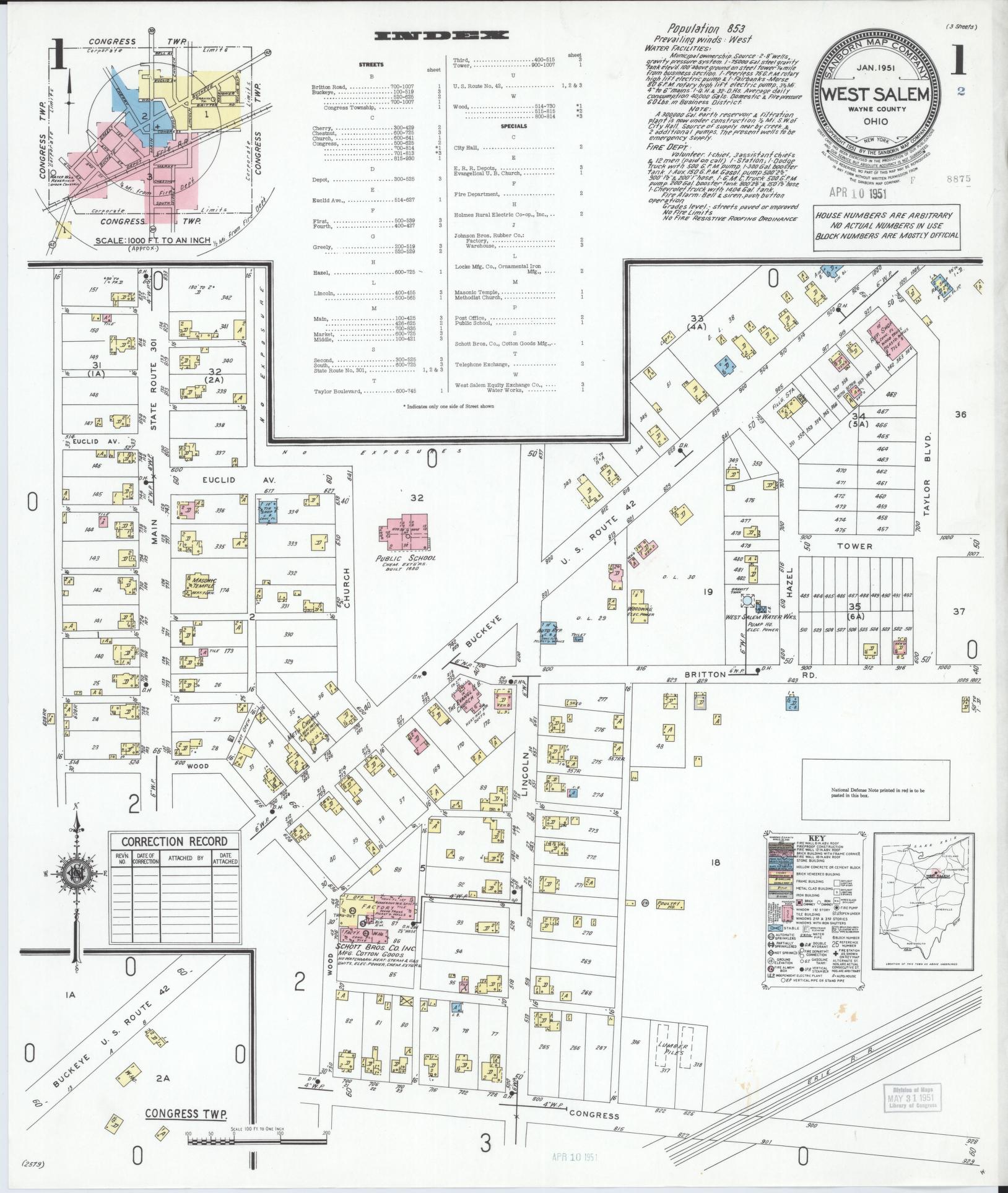 Sanborn Fire Insurance Map from West Salem, Wayne County, Ohio (1951), Sheet #0001 - Historic Sanborn Fire Insurance Map Print, vintage old map wall art, antique decor, genealogy gift, Ohio Ohio map