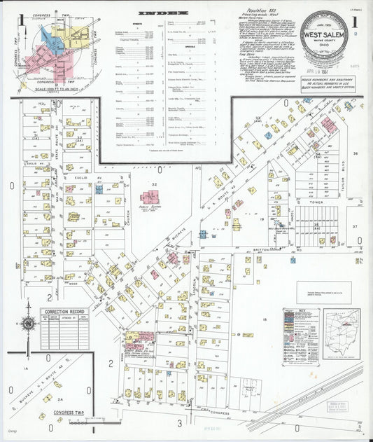 Sanborn Fire Insurance Map from West Salem, Wayne County, Ohio (1951), Sheet #0001 - Historic Sanborn Fire Insurance Map Print, vintage old map wall art, antique decor, genealogy gift, Ohio Ohio map