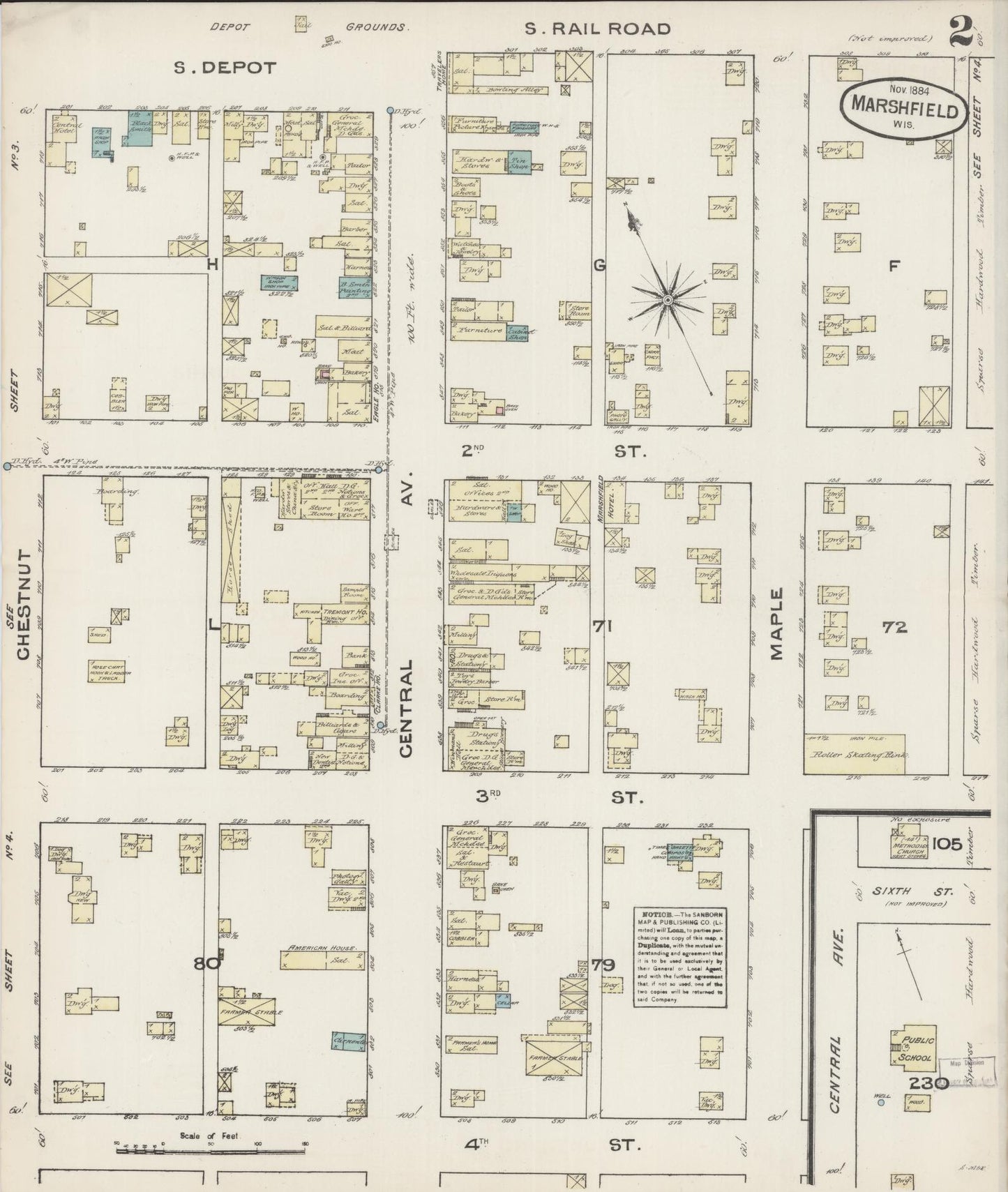 Sanborn Fire Insurance Map from Marshfield, Wood County, Wisconsin (1884), Sheet #0002 - Complete Map Set gallery image, historic Sanborn map, vintage wall art, Wisconsin Wisconsin