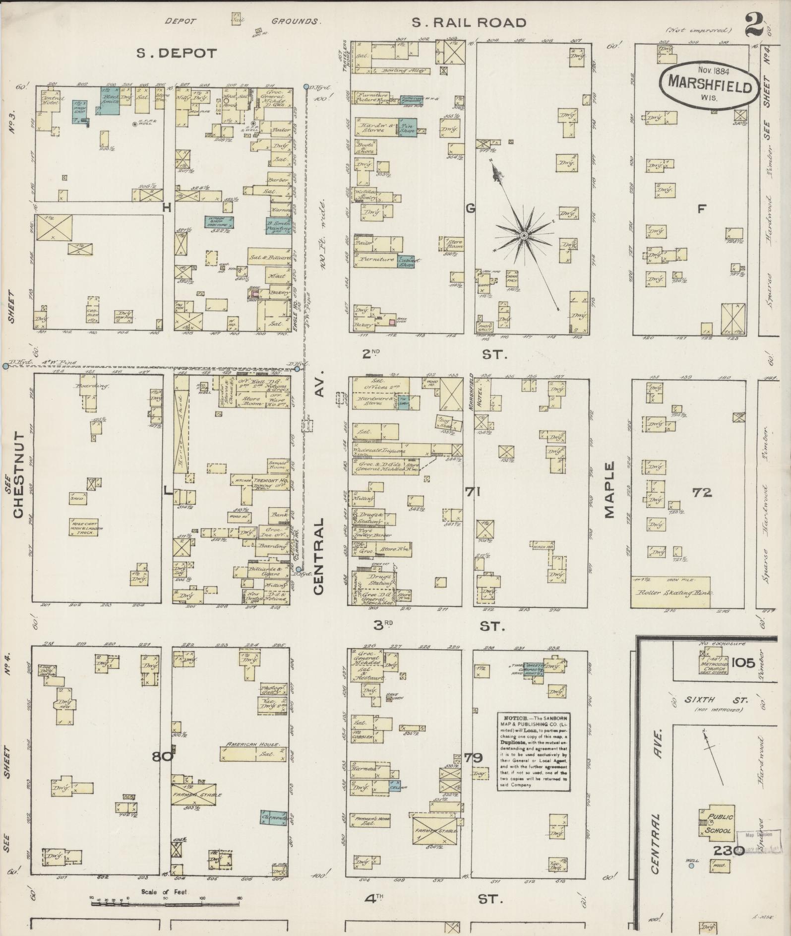 Sanborn Fire Insurance Map from Marshfield, Wood County, Wisconsin (1884), Sheet #0002 - Complete Map Set gallery image, historic Sanborn map, vintage wall art, Wisconsin Wisconsin