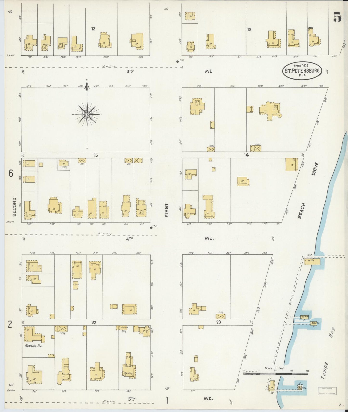 Sanborn Fire Insurance Map from Saint Petersburg, Pinellas County, Florida (1904), Sheet #0005 - Historic Sanborn Fire Insurance Map Print, vintage old map wall art, antique decor, genealogy gift, Florida Florida map