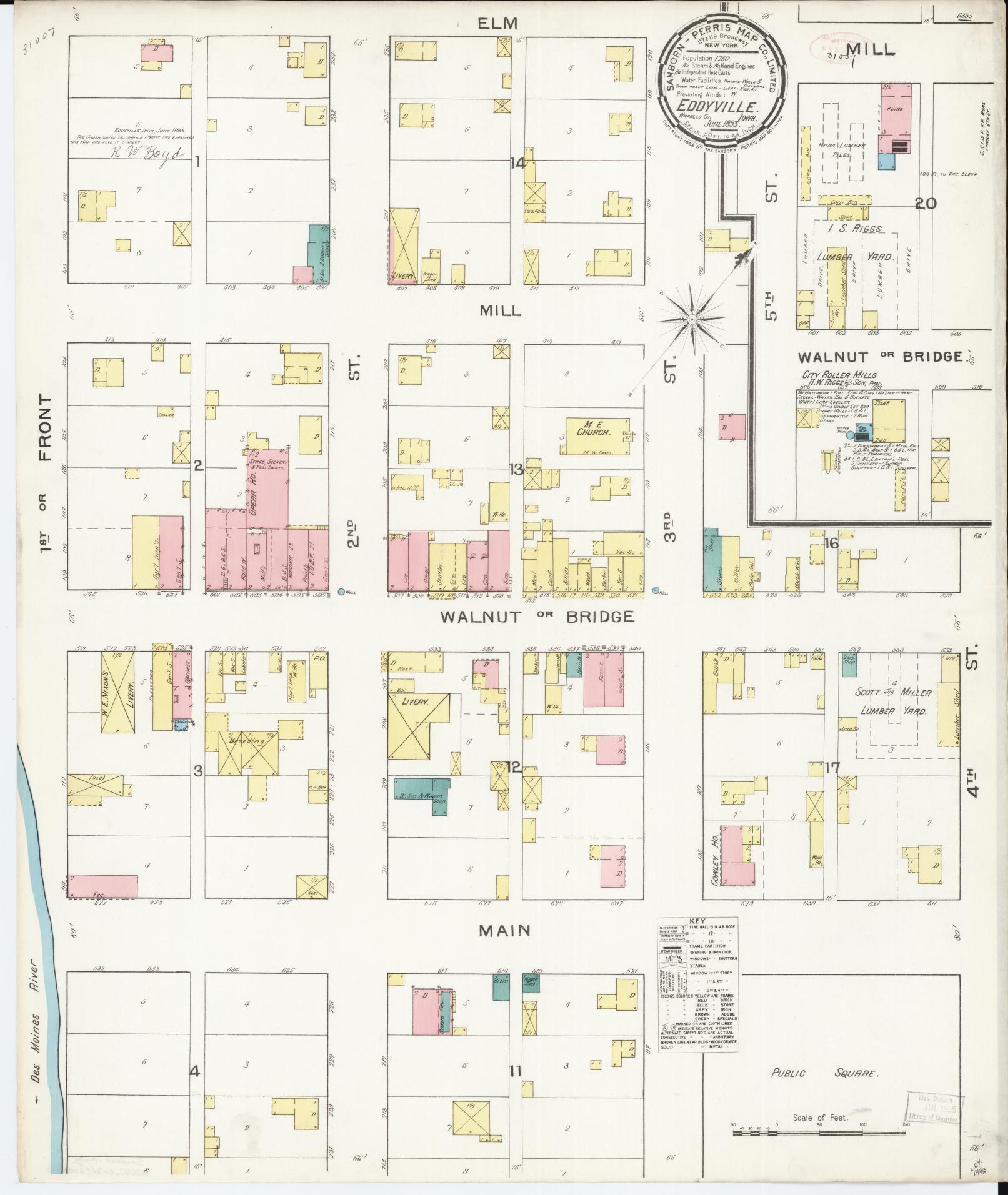 Sanborn Fire Insurance Map from Eddyville, Wapello County, Iowa (1893), Sheet #0001 - Historic Sanborn Fire Insurance Map Print, vintage old map wall art