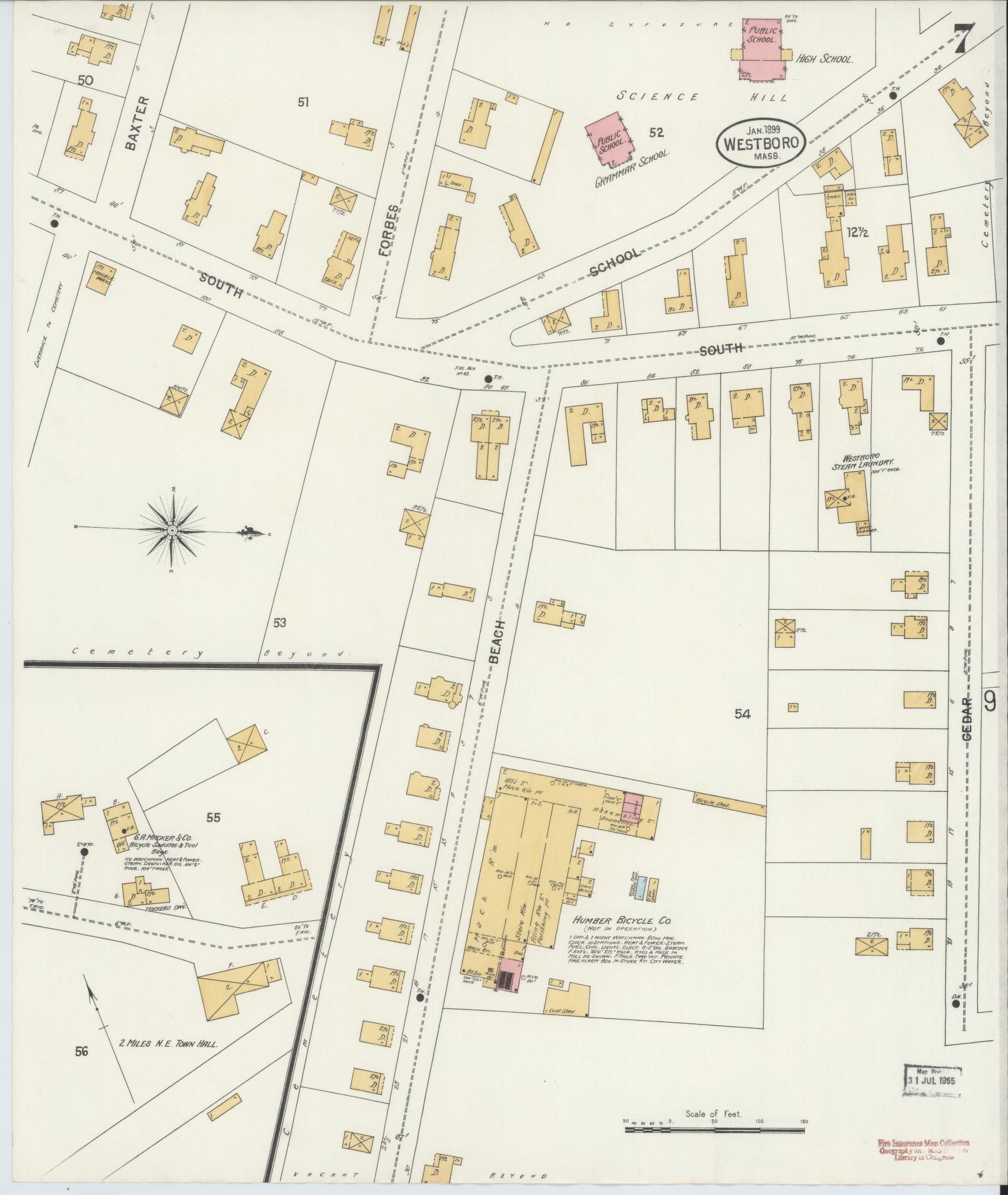 Sanborn Fire Insurance Map from Westboro, Worcester County, Massachusetts (1899), Sheet #0007 - Historic Sanborn Fire Insurance Map Print, vintage old map wall art, antique decor, genealogy gift, Massachusetts Massachusetts map