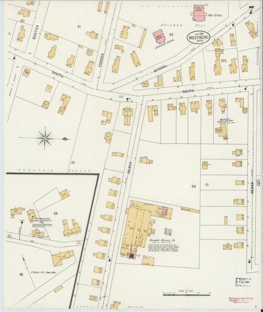 Sanborn Fire Insurance Map from Westboro, Worcester County, Massachusetts (1899), Sheet #0007 - Historic Sanborn Fire Insurance Map Print, vintage old map wall art, antique decor, genealogy gift, Massachusetts Massachusetts map
