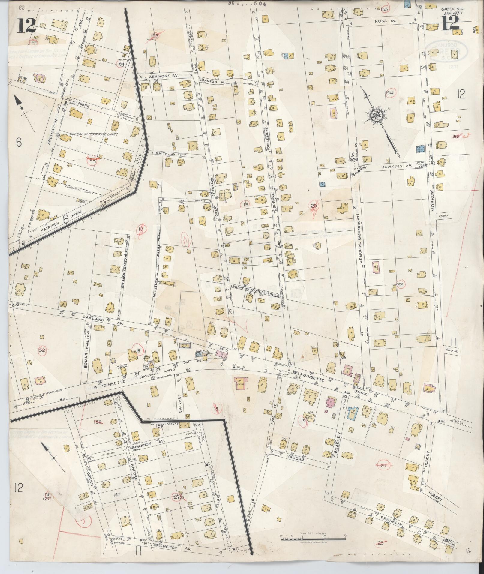 Sanborn Fire Insurance Map from Greer, Greenville and Spartanburg Counties, South Carolina (1951), Sheet #0012 - Historic Sanborn Fire Insurance Map Print, vintage old map wall art, antique decor, genealogy gift, South Carolina South Carolina map