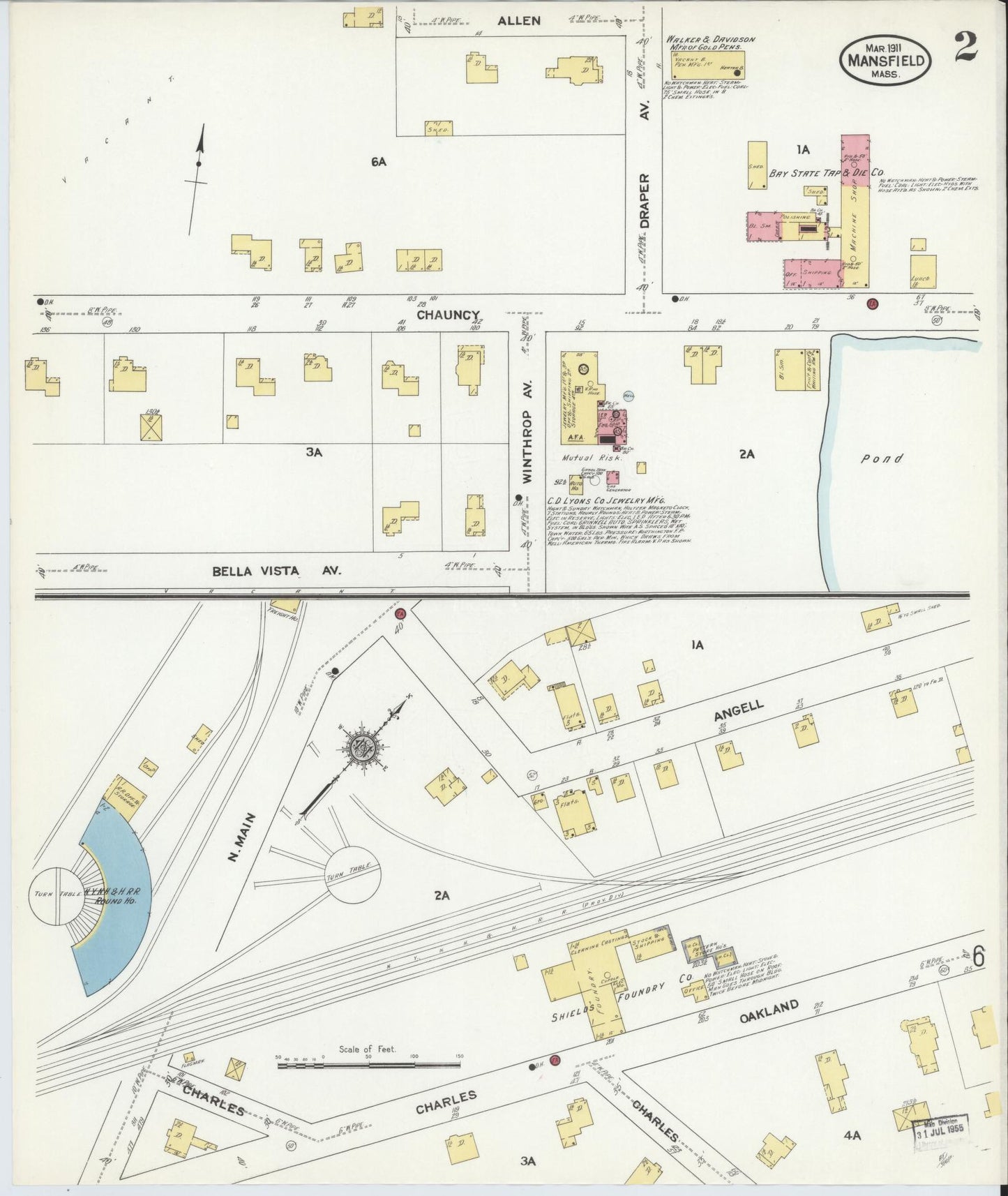 Sanborn Fire Insurance Map from Mansfield, Bristol County, Massachusetts (1911), Sheet #0002 - Historic Sanborn Fire Insurance Map Print, vintage old map wall art, antique decor, genealogy gift, Massachusetts Massachusetts map