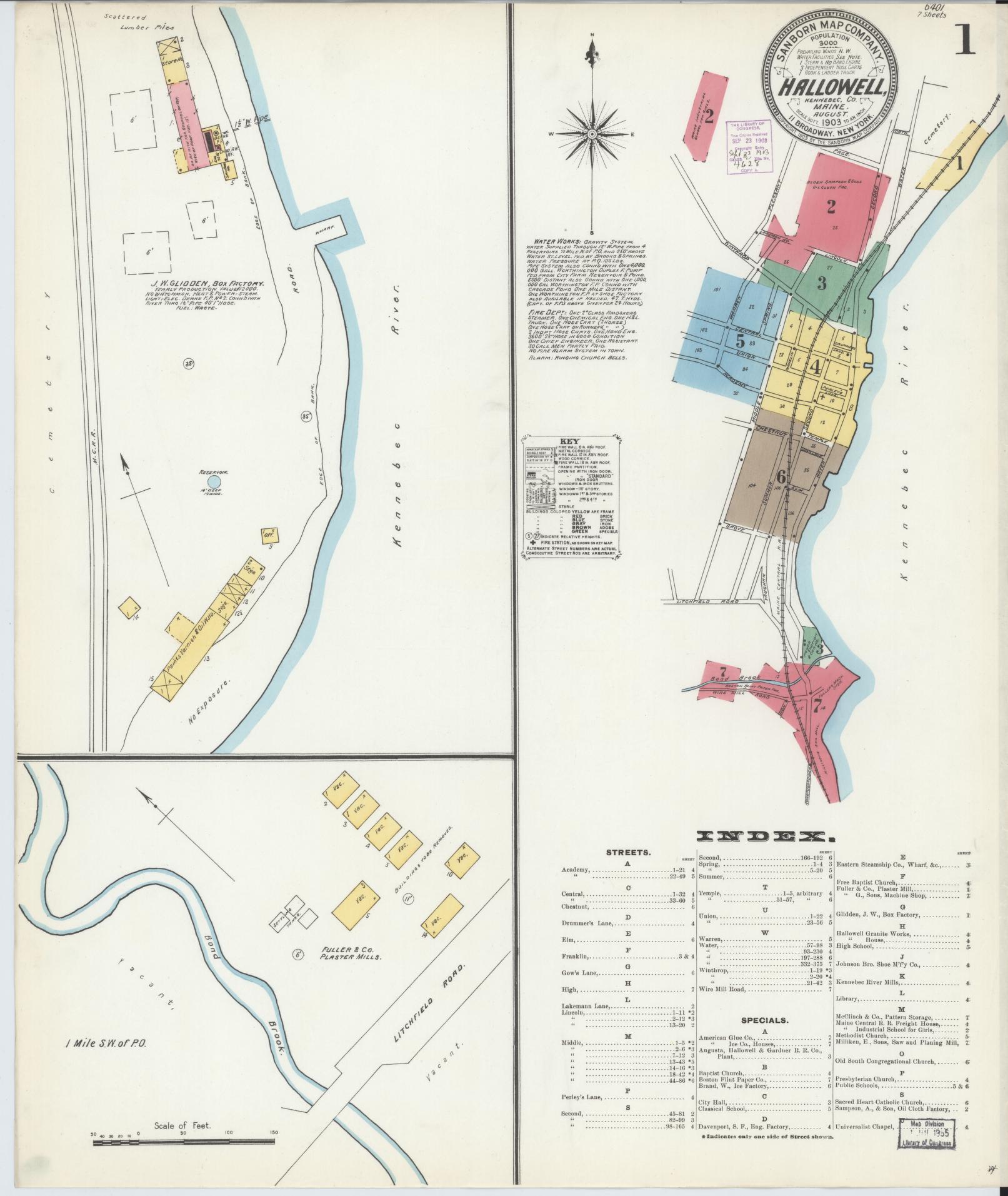 Sanborn Fire Insurance Map from Hallowell, Kennebec County, Maine (1903), Sheet #0001 - Historic Sanborn Fire Insurance Map Print, vintage old map wall art, antique decor, genealogy gift, Maine Maine map