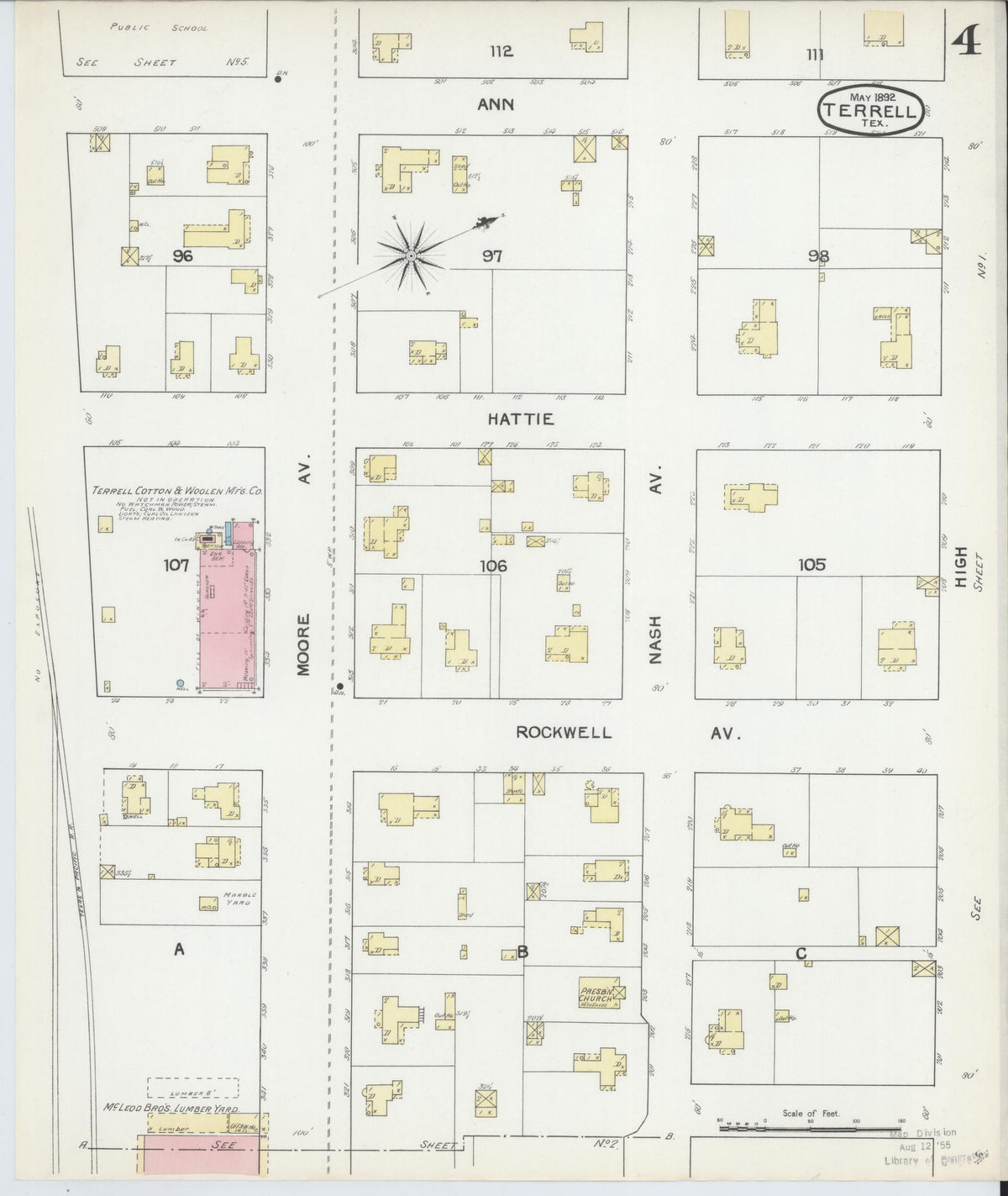 Sanborn Fire Insurance Map from Terrell, Kaufman County, Texas (1892), Sheet #0004 - Complete Map Set gallery image, historic Sanborn map, vintage wall art, Texas Texas