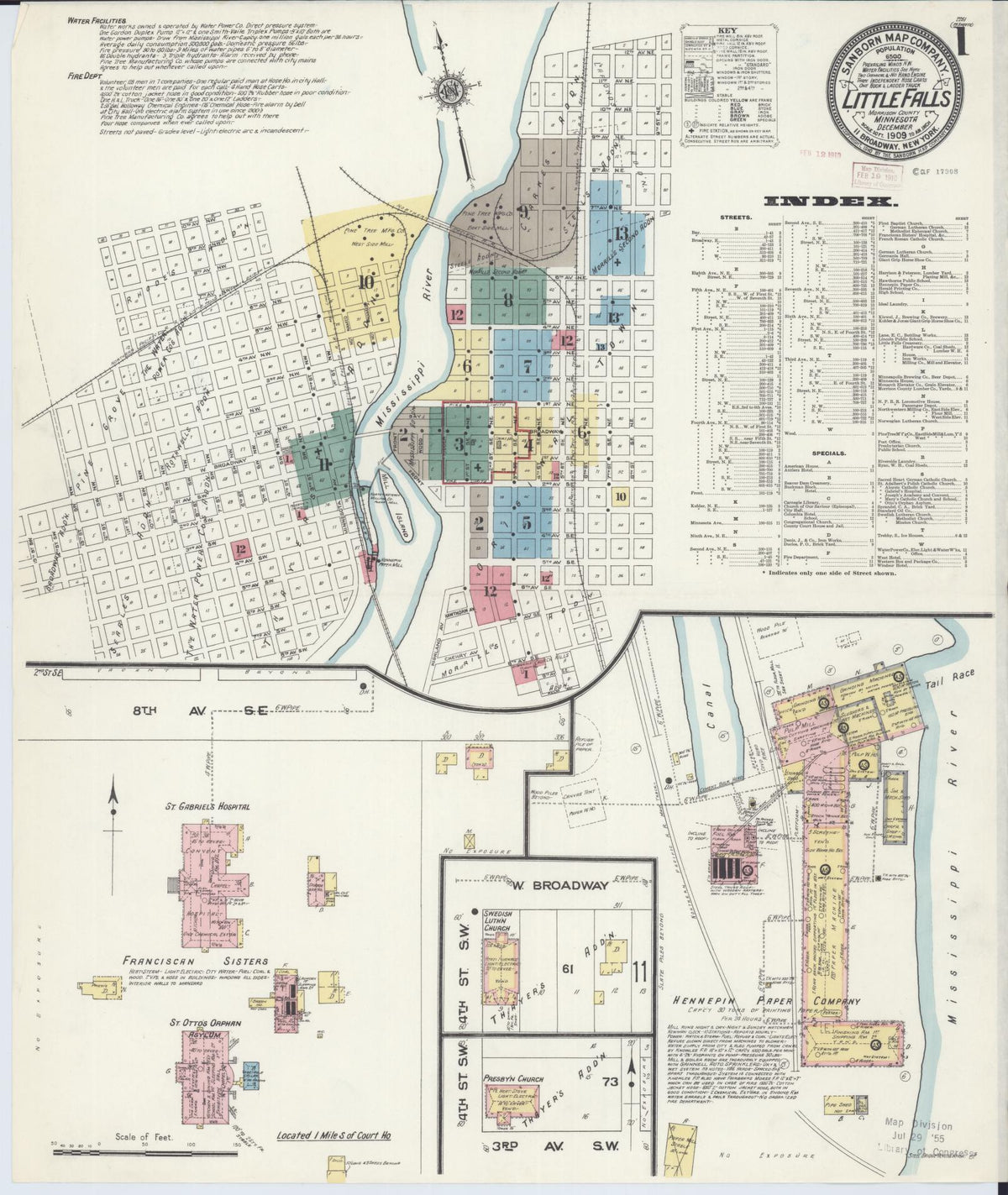 Sanborn Fire Insurance Map from Little Falls, Morrison County, Minnesota (1909), Sheet #0001 - Historic Sanborn Fire Insurance Map Print, vintage old map wall art, antique decor, genealogy gift, Minnesota Minnesota map