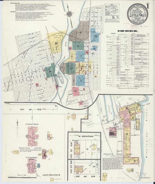 Sanborn Fire Insurance Map from Little Falls, Morrison County, Minnesota (1909), Sheet #0001 - Historic Sanborn Fire Insurance Map Print, vintage old map wall art, antique decor, genealogy gift, Minnesota Minnesota map