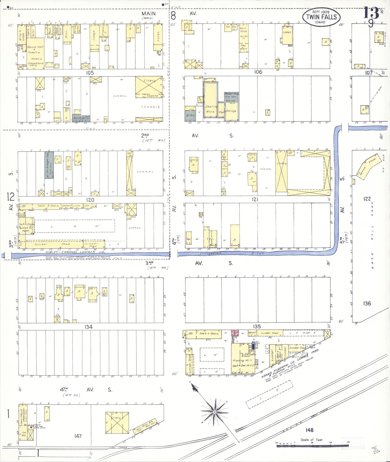 Sanborn Fire Insurance Map from Twin Falls, Twin Falls County, Idaho (1909), Sheet #0013 - Complete Map Set gallery image, historic Sanborn map, vintage wall art, Falls Idaho