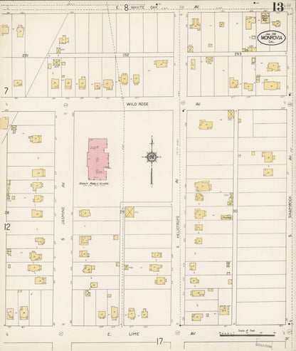 Sanborn Fire Insurance Map from Monrovia, Los Angeles County, California (1913), Sheet #0013 - Historic Sanborn Fire Insurance Map Print, vintage old map wall art, antique decor, genealogy gift, California California map