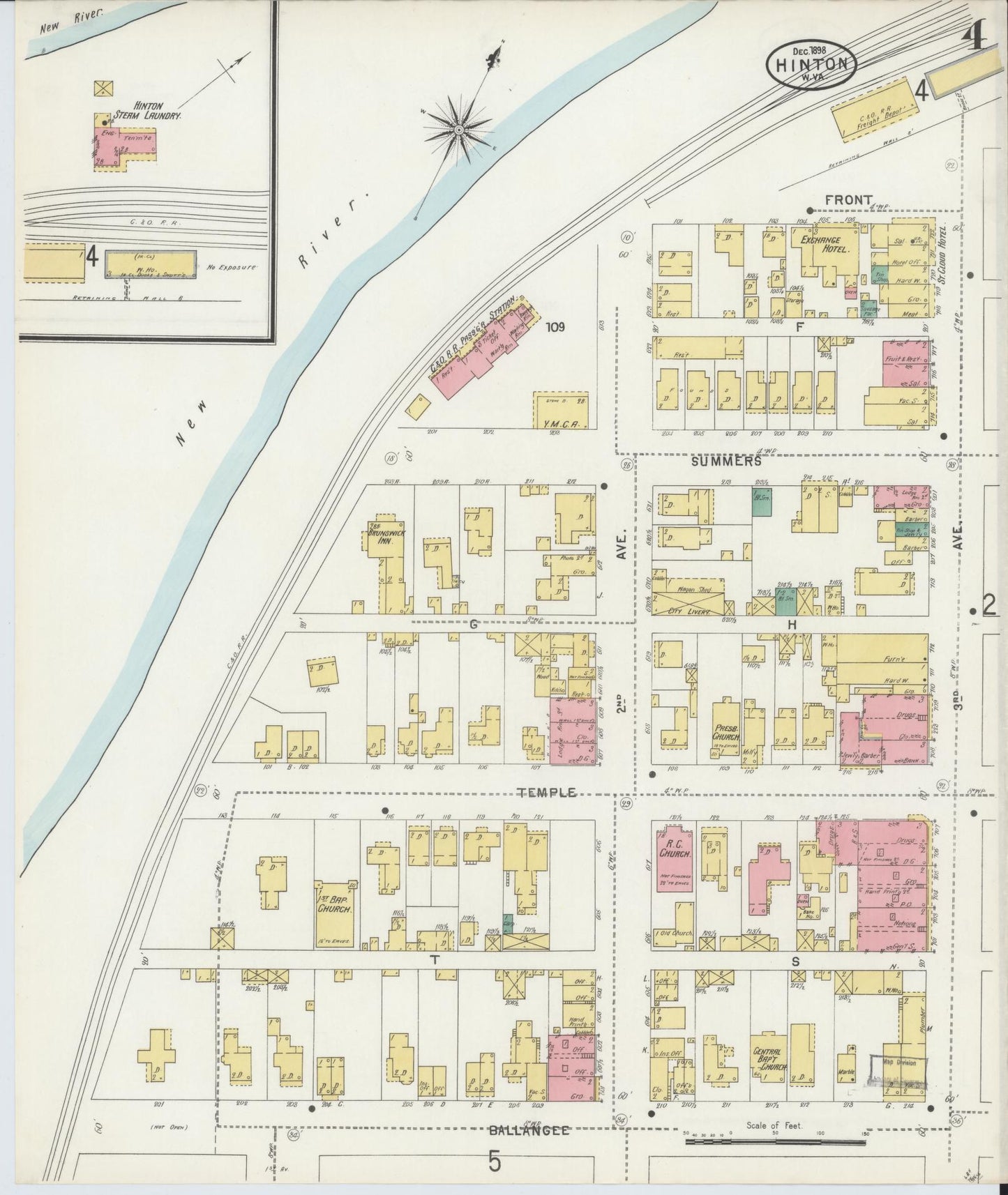 Sanborn Fire Insurance Map from Hinton, Summer County, West Virginia (1898), Sheet #0004 - Historic Sanborn Fire Insurance Map Print, vintage old map wall art, antique decor, genealogy gift, West Virginia West Virginia map