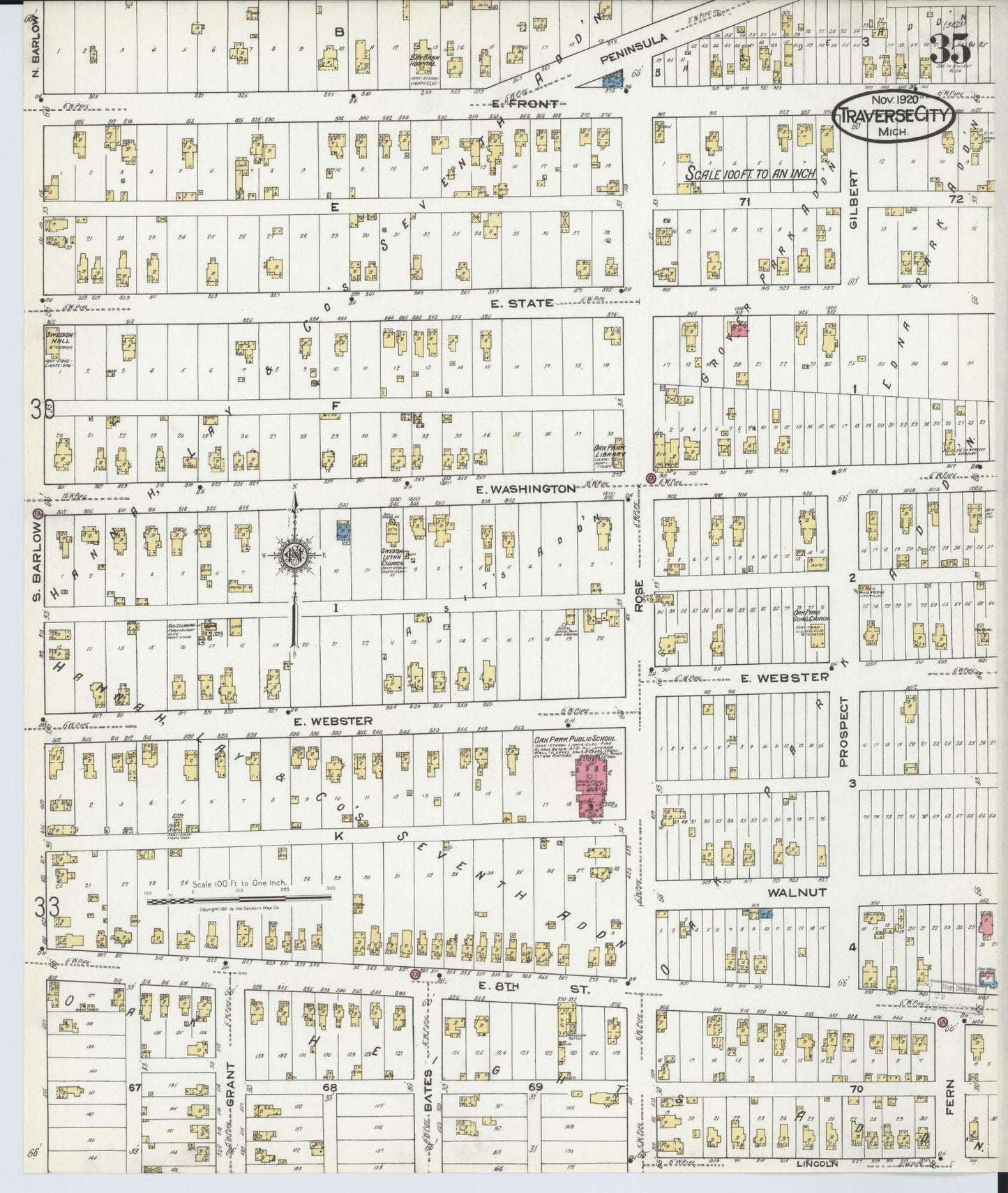 Sanborn Fire Insurance Map from Traverse City, Grand Traverse County, Michigan (1920), Sheet #0035 - Historic Sanborn Fire Insurance Map Print, vintage old map wall art, antique decor, genealogy gift, Michigan Michigan map