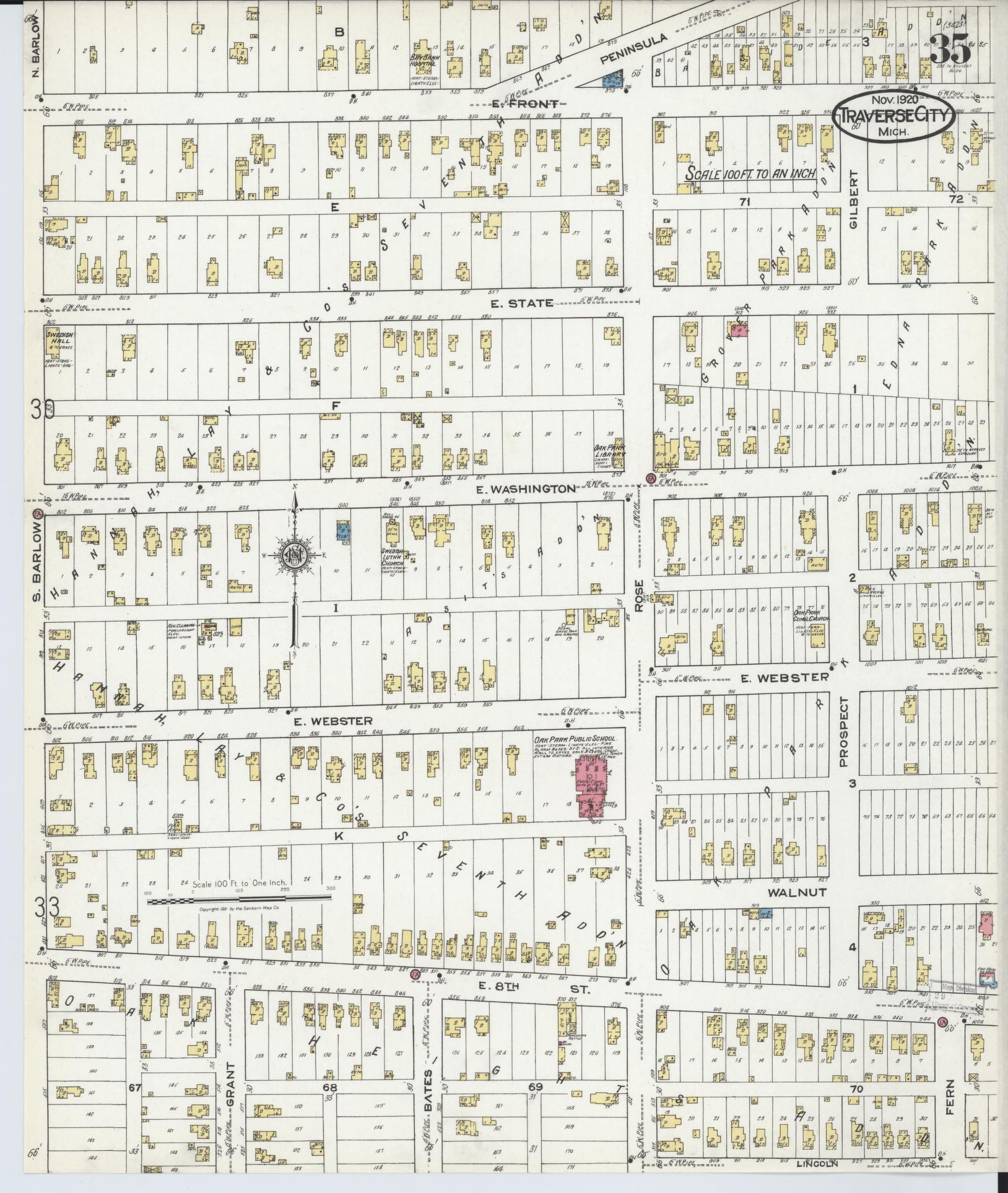 Sanborn Fire Insurance Map from Traverse City, Grand Traverse County, Michigan (1920), Sheet #0035 - Historic Sanborn Fire Insurance Map Print, vintage old map wall art, antique decor, genealogy gift, Michigan Michigan map