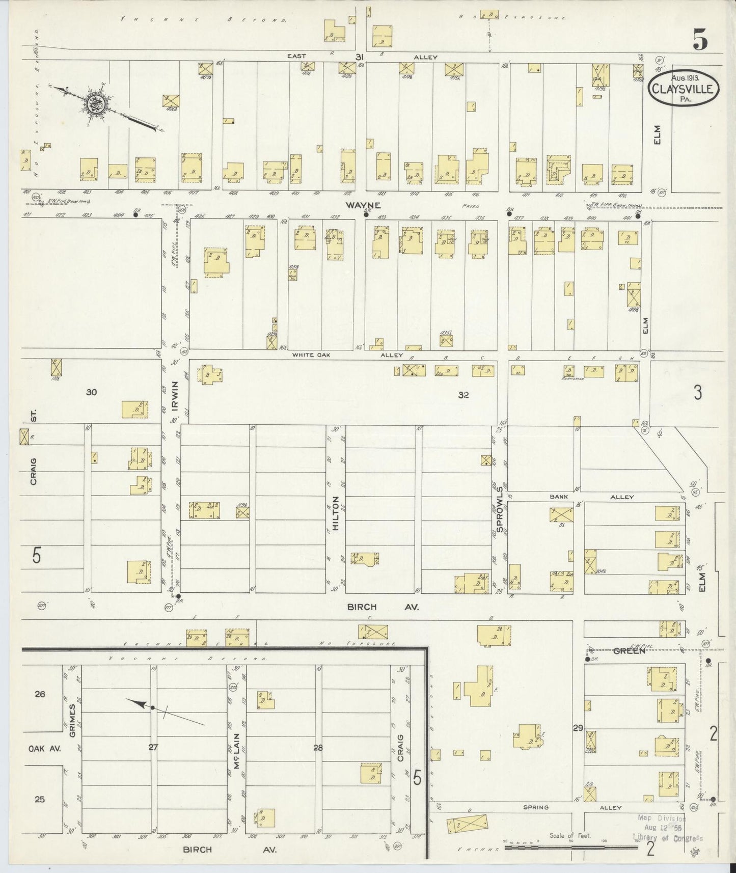 Sanborn Fire Insurance Map from Claysville, Washington County, Pennsylvania (1913), Sheet #0005 - Historic Sanborn Fire Insurance Map Print, vintage old map wall art, antique decor, genealogy gift, Pennsylvania Pennsylvania map