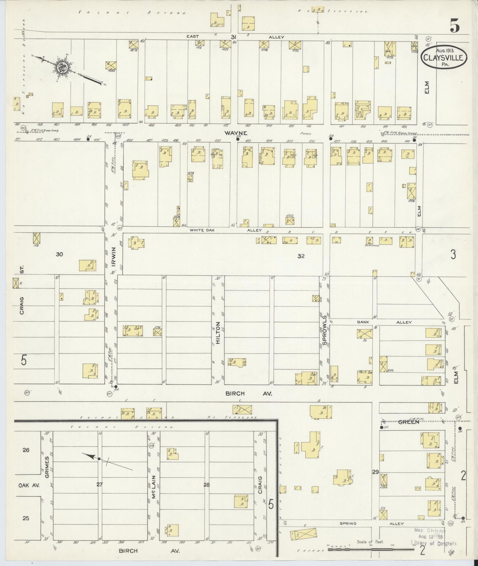 Sanborn Fire Insurance Map from Claysville, Washington County, Pennsylvania (1913), Sheet #0005 - Historic Sanborn Fire Insurance Map Print, vintage old map wall art, antique decor, genealogy gift, Pennsylvania Pennsylvania map