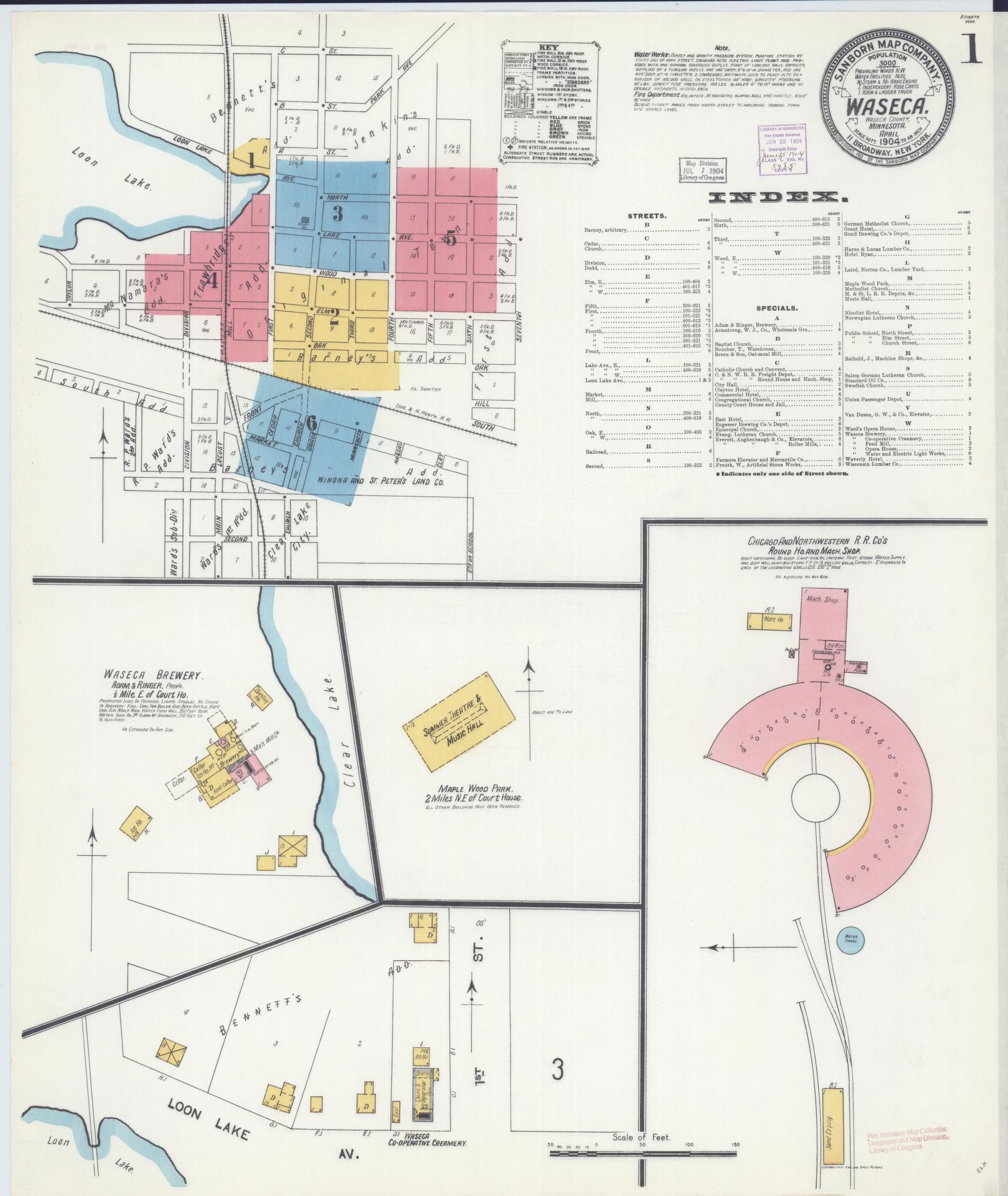 Sanborn Fire Insurance Map from Waseca, Waseca County, Minnesota (1904), Sheet #0001 - Historic Sanborn Fire Insurance Map Print, vintage old map wall art, antique decor, genealogy gift, Minnesota Minnesota map