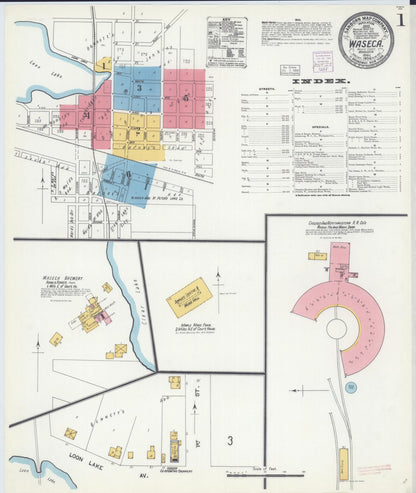 Sanborn Fire Insurance Map from Waseca, Waseca County, Minnesota (1904), Sheet #0001 - Historic Sanborn Fire Insurance Map Print, vintage old map wall art, antique decor, genealogy gift, Minnesota Minnesota map