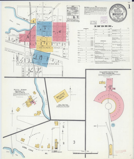 Sanborn Fire Insurance Map from Waseca, Waseca County, Minnesota (1904), Sheet #0001 - Historic Sanborn Fire Insurance Map Print, vintage old map wall art, antique decor, genealogy gift, Minnesota Minnesota map