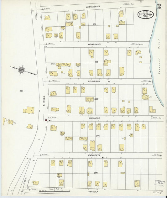 Sanborn Fire Insurance Map from Hyde Park, Norfolk County, Massachusetts (1911), Sheet #0002 - Historic Sanborn Fire Insurance Map Print, vintage old map wall art, antique decor, genealogy gift, Massachusetts Massachusetts map