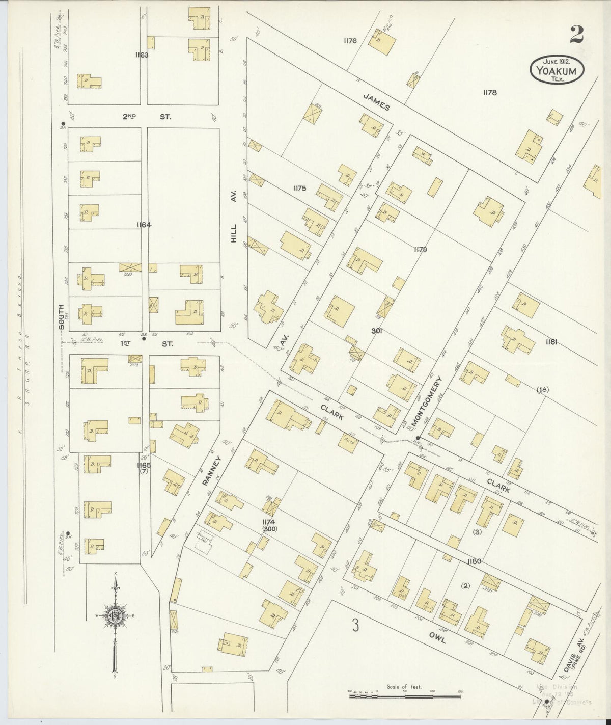 Sanborn Fire Insurance Map from Yoakum, De Witt And Lavaca Counties, Texas (1912), Sheet #0002 - Complete Map Set gallery image, historic Sanborn map, vintage wall art, Texas Texas