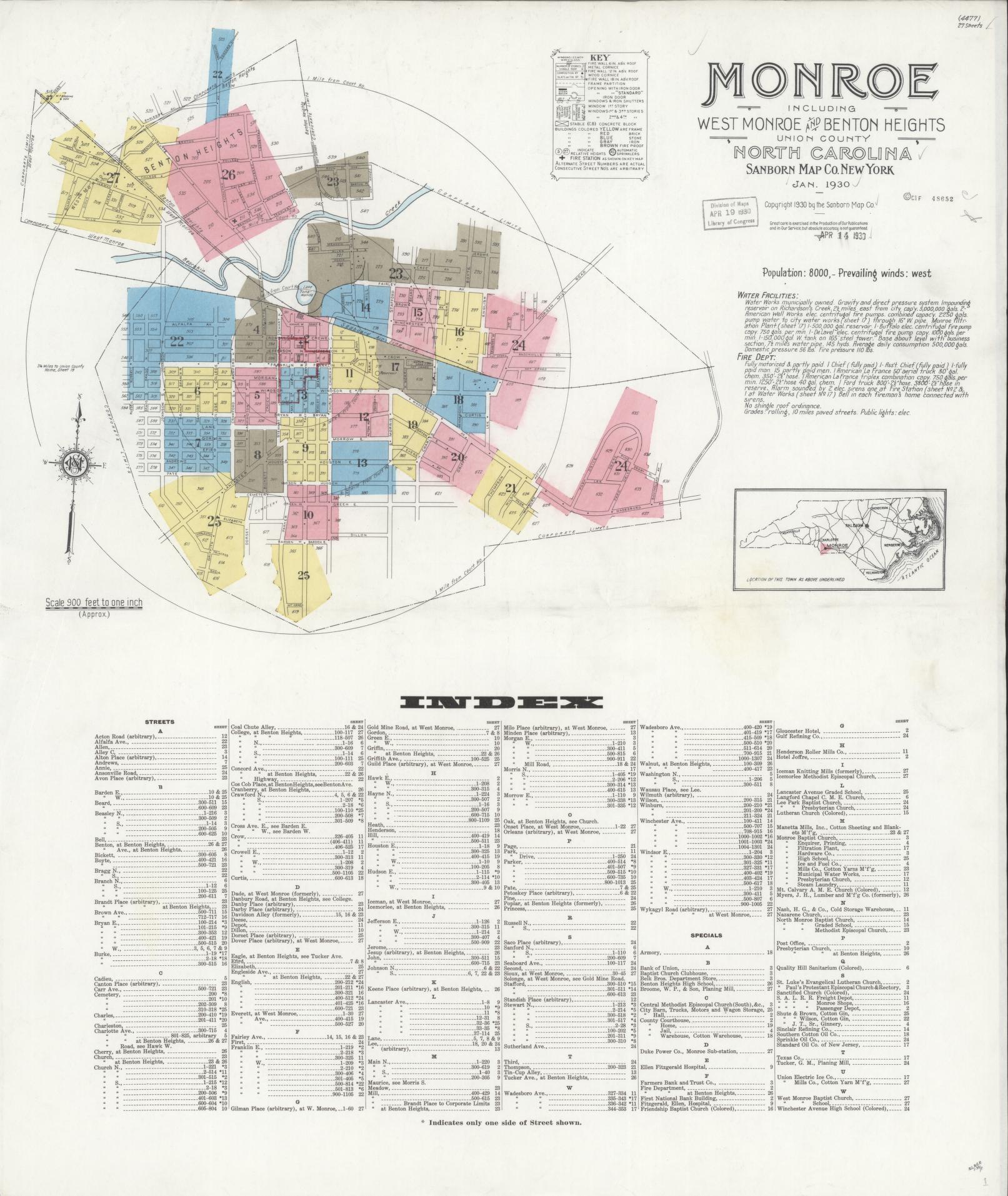 Sanborn Fire Insurance Map from Monroe, Union County, North Carolina (1930), Sheet #0001 - Historic Sanborn Fire Insurance Map Print, vintage old map wall art, antique decor, genealogy gift, North Carolina North Carolina map