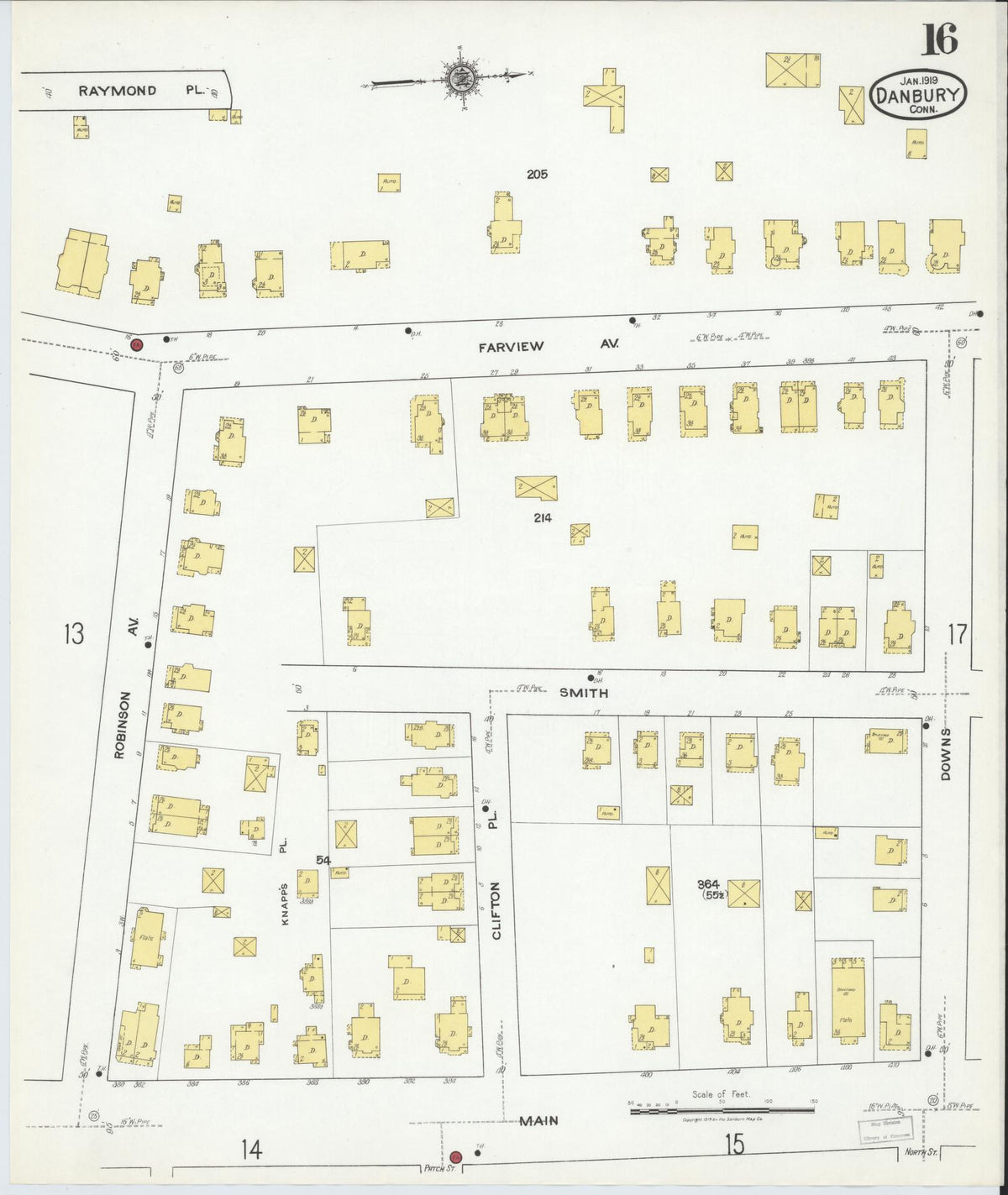 Sanborn Fire Insurance Map from Danbury, Fairfield County, Connecticut (1919), Sheet #0016 - Historic Sanborn Fire Insurance Map Print, vintage old map wall art, antique decor, genealogy gift, Connecticut Connecticut map