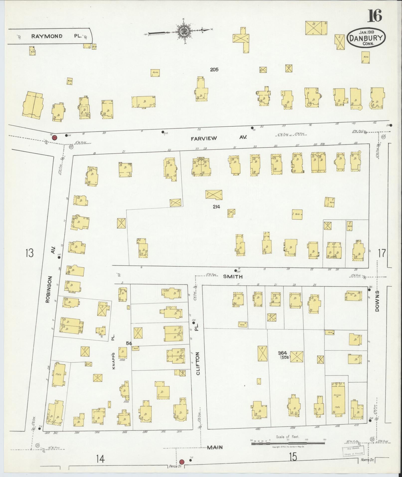 Sanborn Fire Insurance Map from Danbury, Fairfield County, Connecticut (1919), Sheet #0016 - Historic Sanborn Fire Insurance Map Print, vintage old map wall art, antique decor, genealogy gift, Connecticut Connecticut map