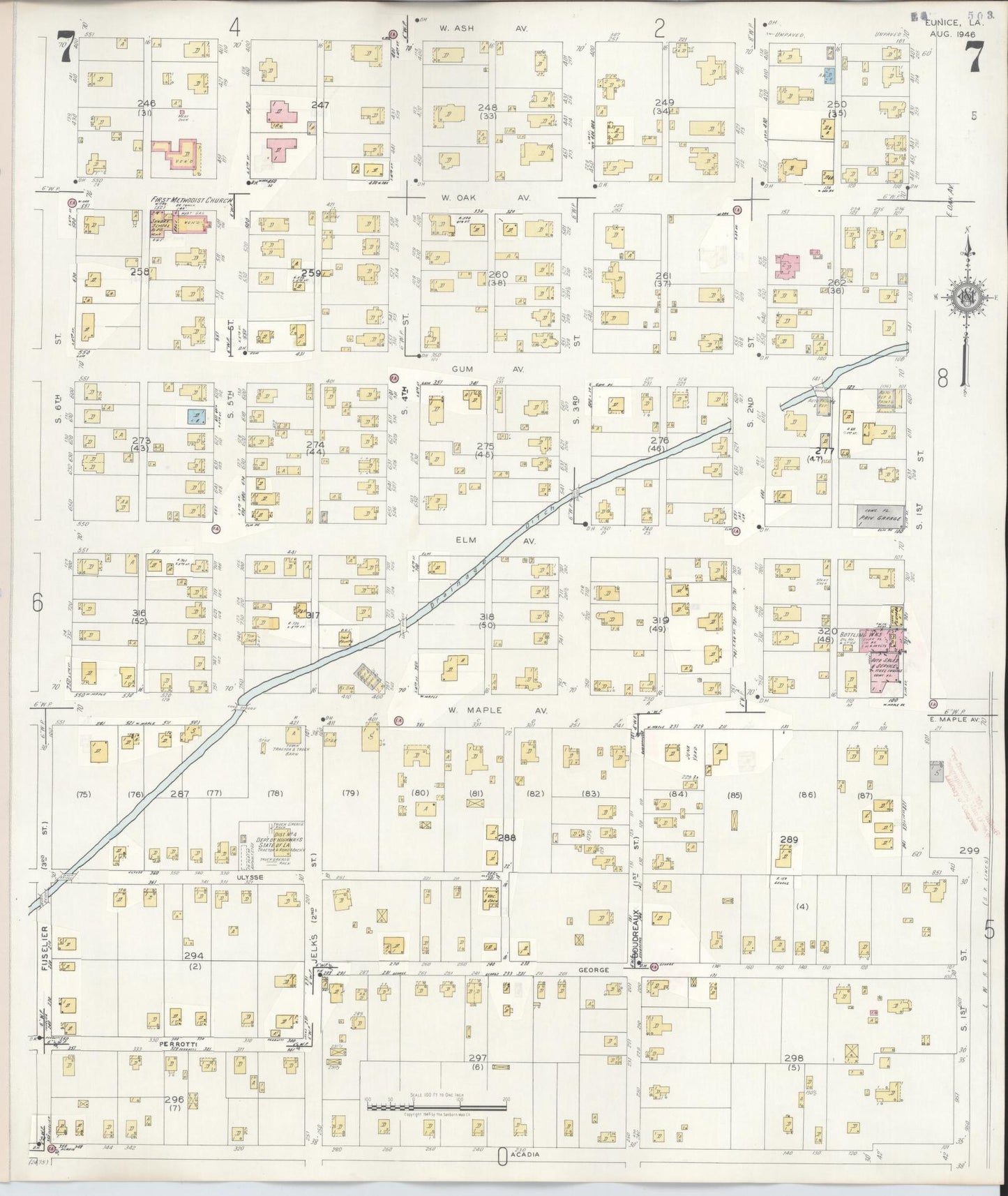 Sanborn Fire Insurance Map from Eunice, Saint Landry Parish, Louisiana (1950), Sheet #0007 - Historic Sanborn Fire Insurance Map Print, vintage old map wall art, antique decor, genealogy gift, Louisiana Louisiana map