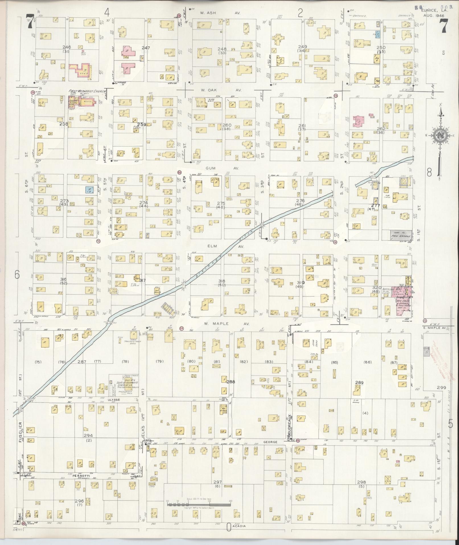 Sanborn Fire Insurance Map from Eunice, Saint Landry Parish, Louisiana (1950), Sheet #0007 - Historic Sanborn Fire Insurance Map Print, vintage old map wall art, antique decor, genealogy gift, Louisiana Louisiana map