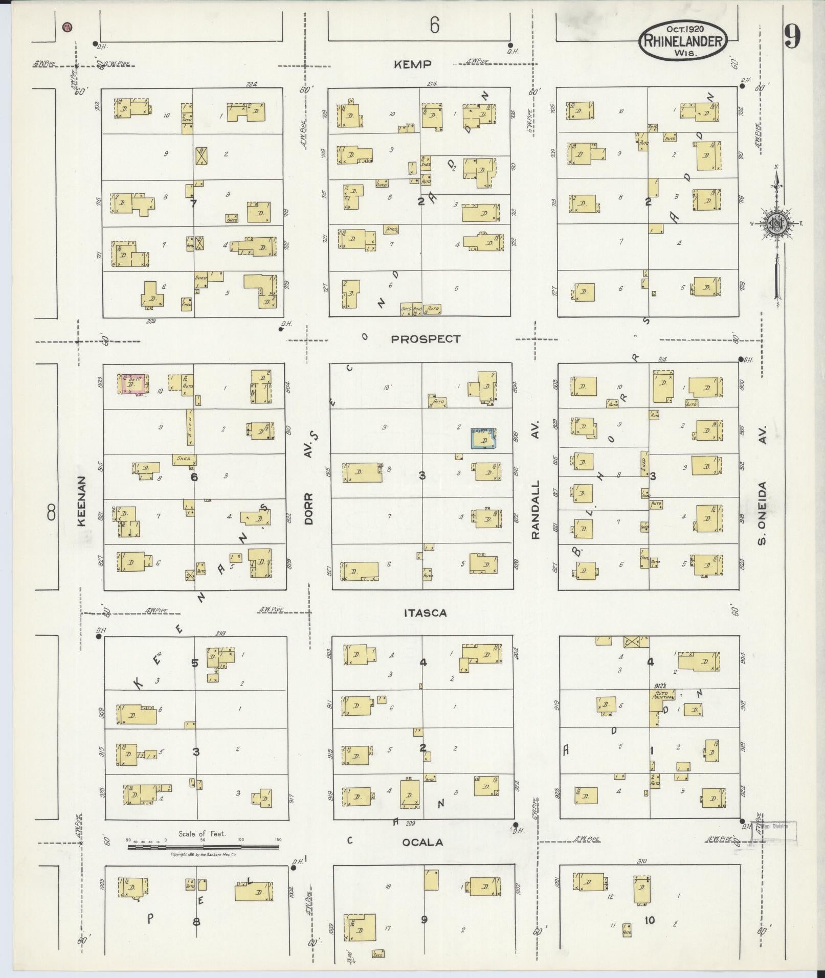 Sanborn Fire Insurance Map from Rhinelander, Oneida County, Wisconsin (1920), Sheet #0009 - Complete Map Set gallery image, historic Sanborn map, vintage wall art, Wisconsin Wisconsin